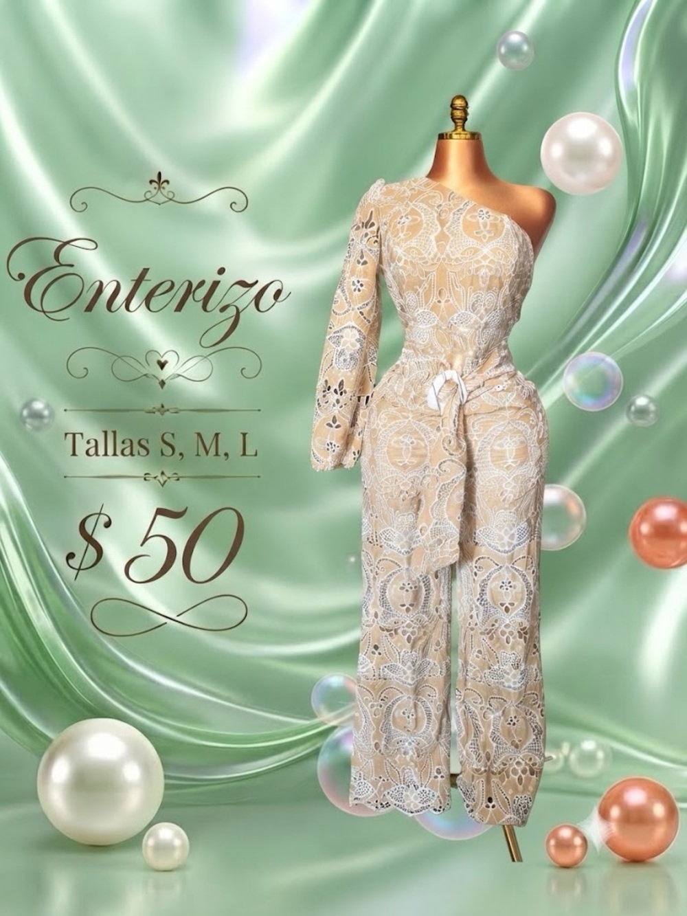 One-Shoulder Lace Jumpsuit in Beige
